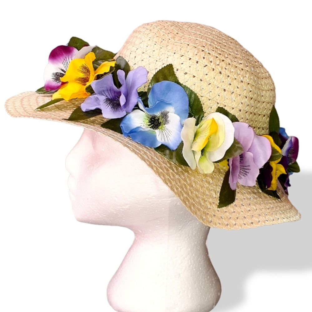 GROOVY GLAM Flower Power Beige Wide Brim Straw Hat with Silk Pansies